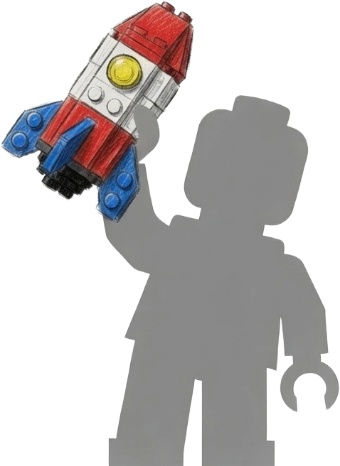 Child silhouette holding up a brick rocket MOC
