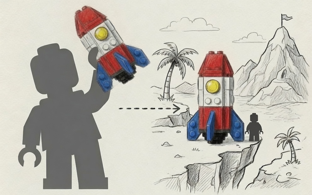 Pocket-sized rocket Pocket MOC held out, deploying into a full-scale rocket in the world