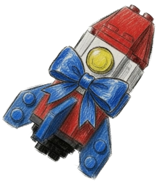 The tinkerer's own finished Pocket MOC — a brick rocket, tied with a bow